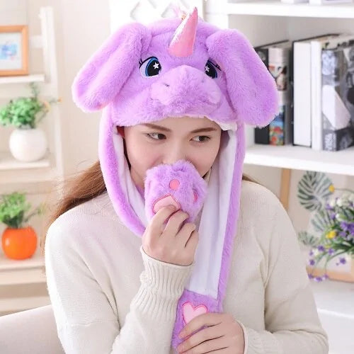 Plush Animal Cartoon Hat with Moving Rabbit Ears: Funny Gift for Kids