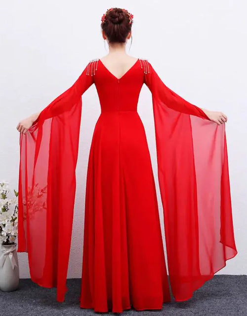 Load image into Gallery viewer, The Red Long Guzheng Performance Dress Is Elegant And Slim
