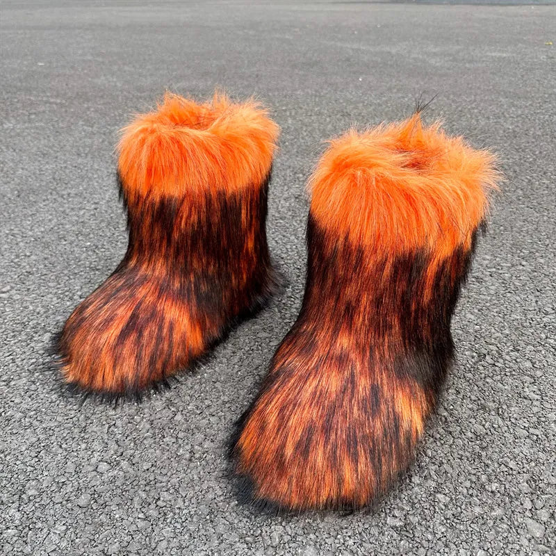 Raccoon Fur Plush Snow Boots