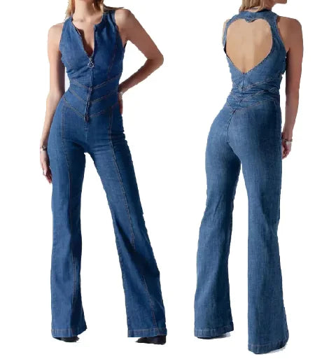 High-Waist Retro Slim Denim Jumpsuit