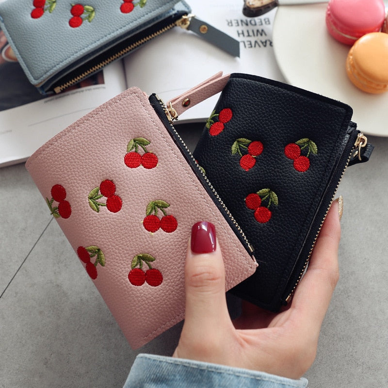 Cherry Embroidered Small Wallet