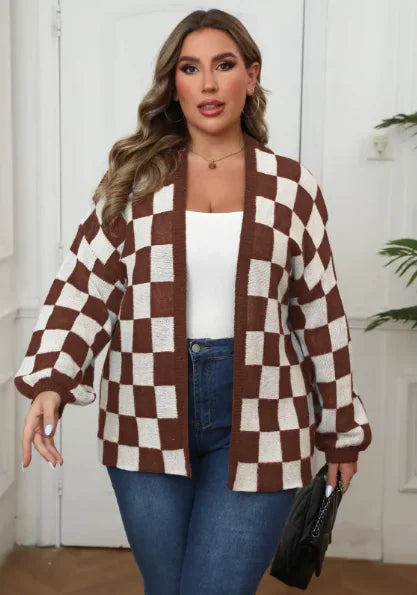 Contrast Patchwork Chessboard Plaid Loose Casual Sweater Coat