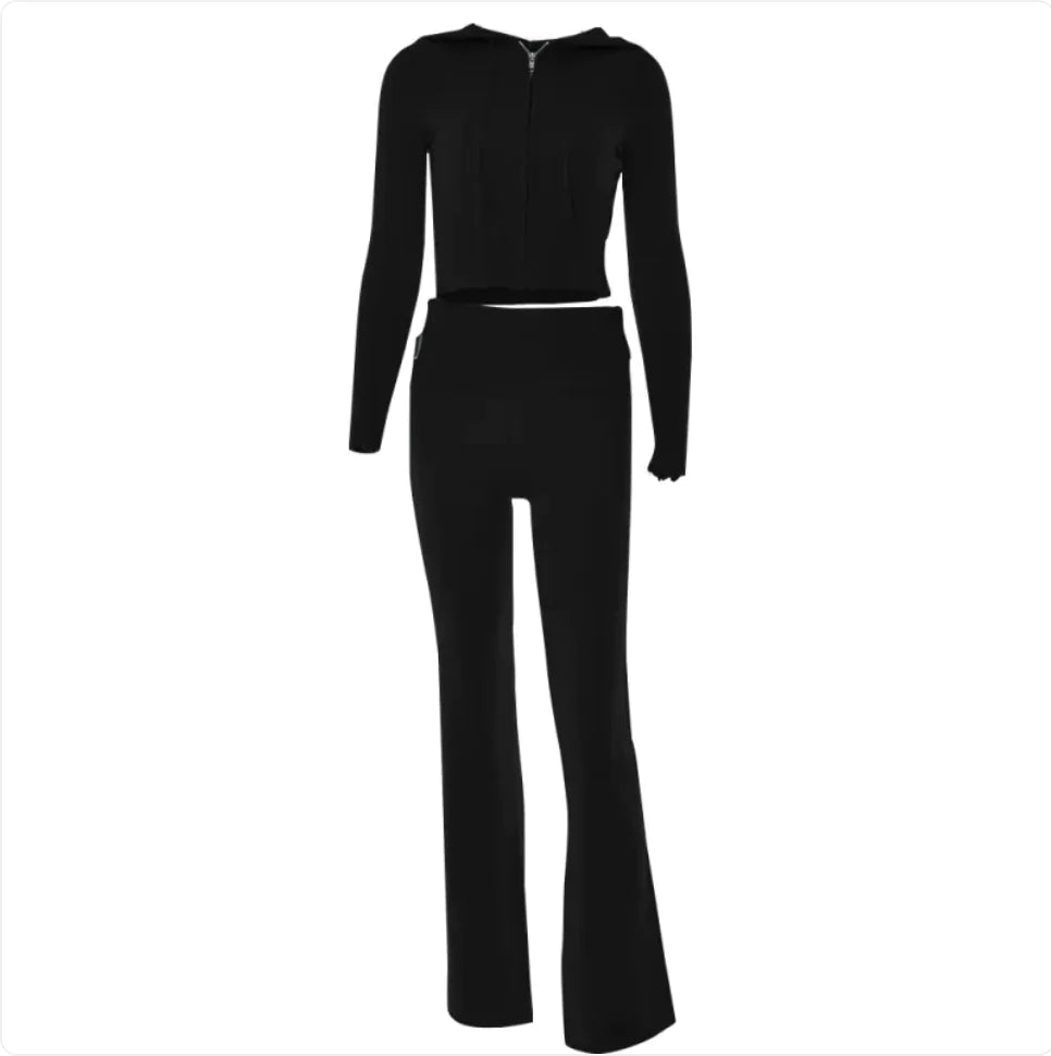 Cross-Border Knitted Hooded Suit - Fashionable High-Waist Two-Piece Set with Long Sleeves and Trousers