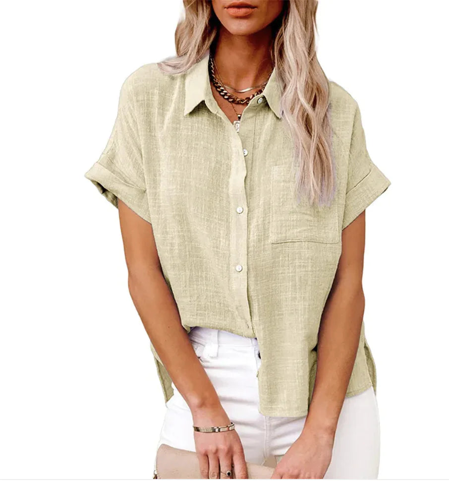 Women's Casual Cotton Linen Short-Sleeve Shirt with Pockets