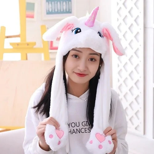 Plush Animal Cartoon Hat with Moving Rabbit Ears: Funny Gift for Kids