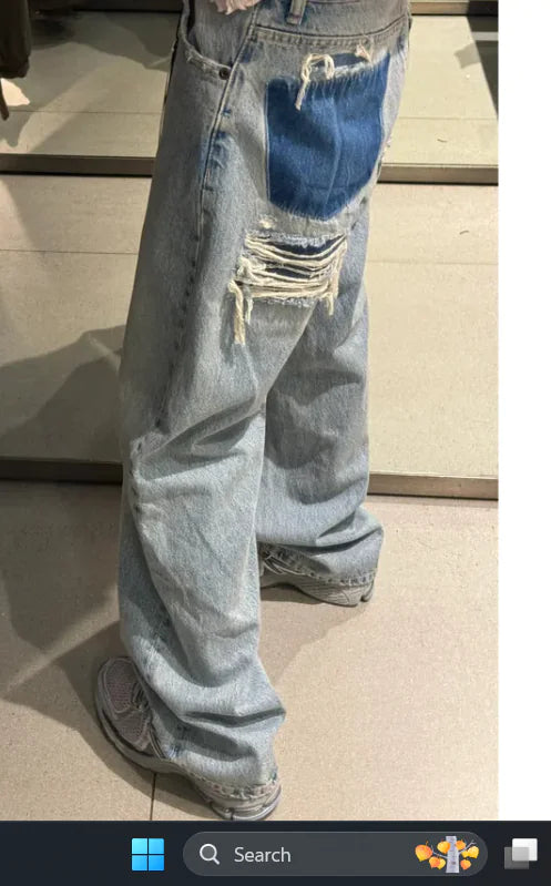 Light Blue Low Waist American Straight Ripped Pants