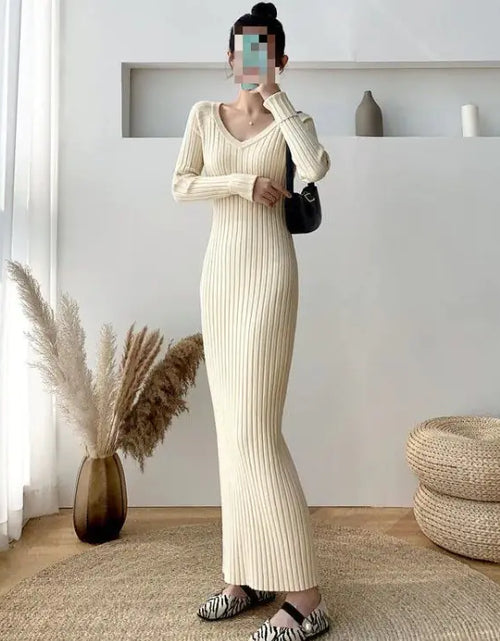 Load image into Gallery viewer, V-neck Knitted Dress Women&#39;s Slim Bottoming Shirt
