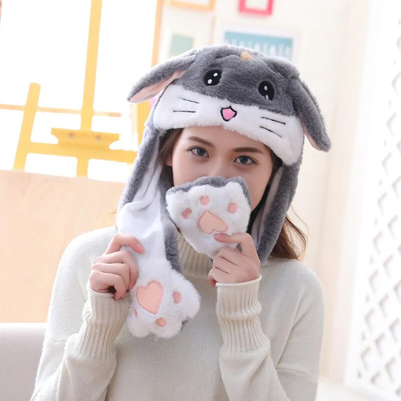 Plush Animal Cartoon Hat with Moving Rabbit Ears: Funny Gift for Kids