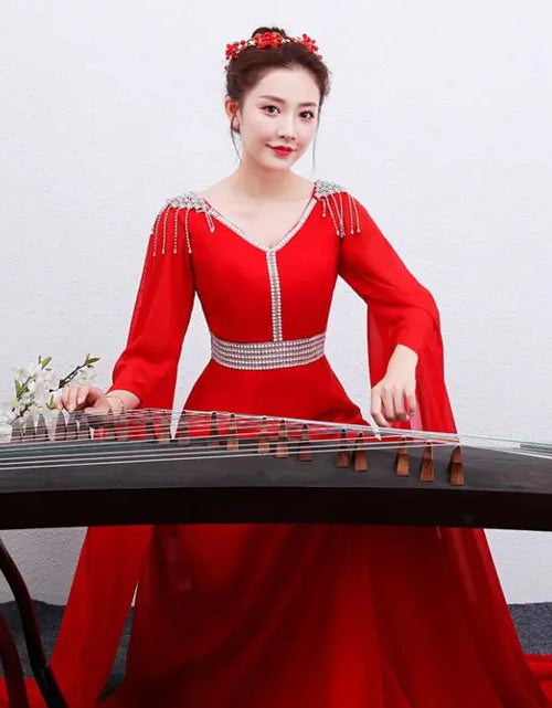 Load image into Gallery viewer, The Red Long Guzheng Performance Dress Is Elegant And Slim
