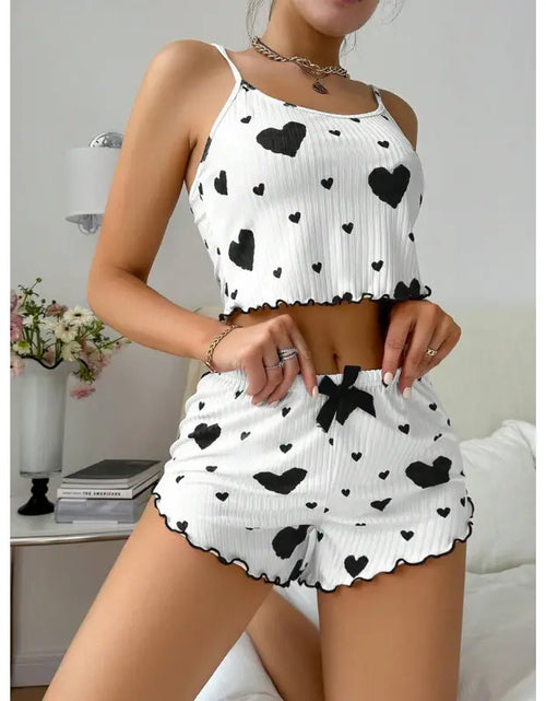 Load image into Gallery viewer, Heart Printing Suspender Shorts Casual Sunken Stripe Outerwear European And American Style Women Pajamas
