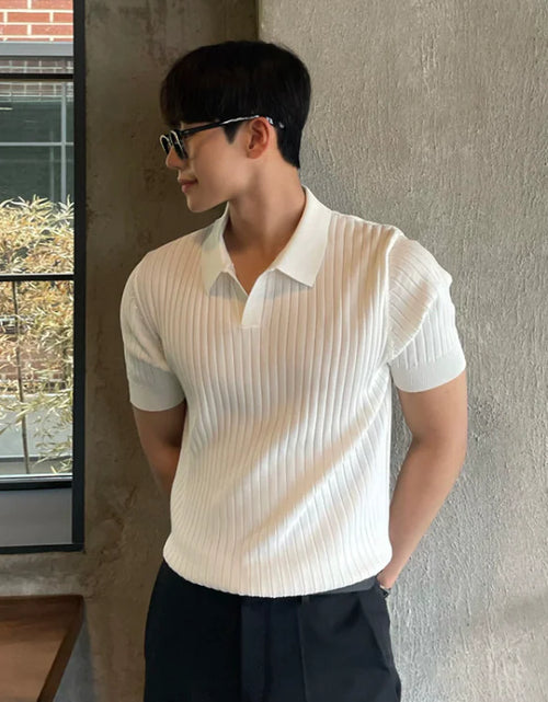 Load image into Gallery viewer, Men&#39;s Slim Fit Striped Polo – Korean Style Short Sleeve Knit
