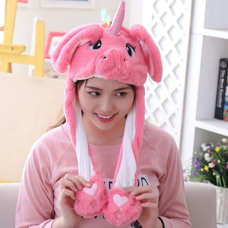 Plush Animal Cartoon Hat with Moving Rabbit Ears: Funny Gift for Kids