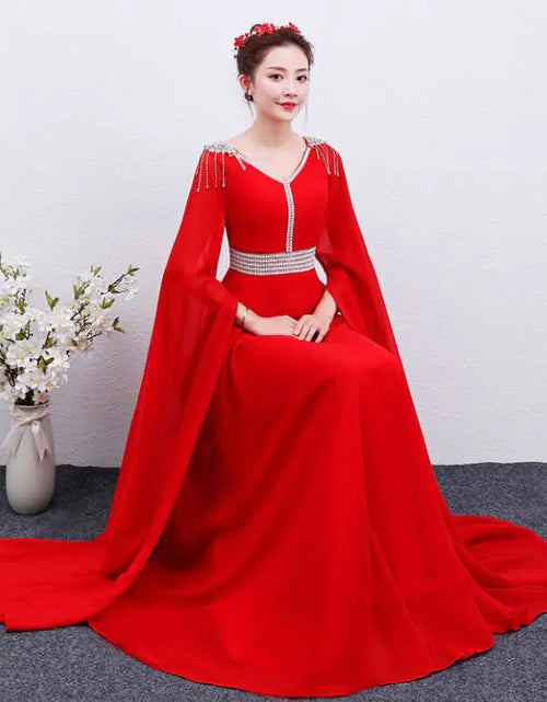 Load image into Gallery viewer, The Red Long Guzheng Performance Dress Is Elegant And Slim
