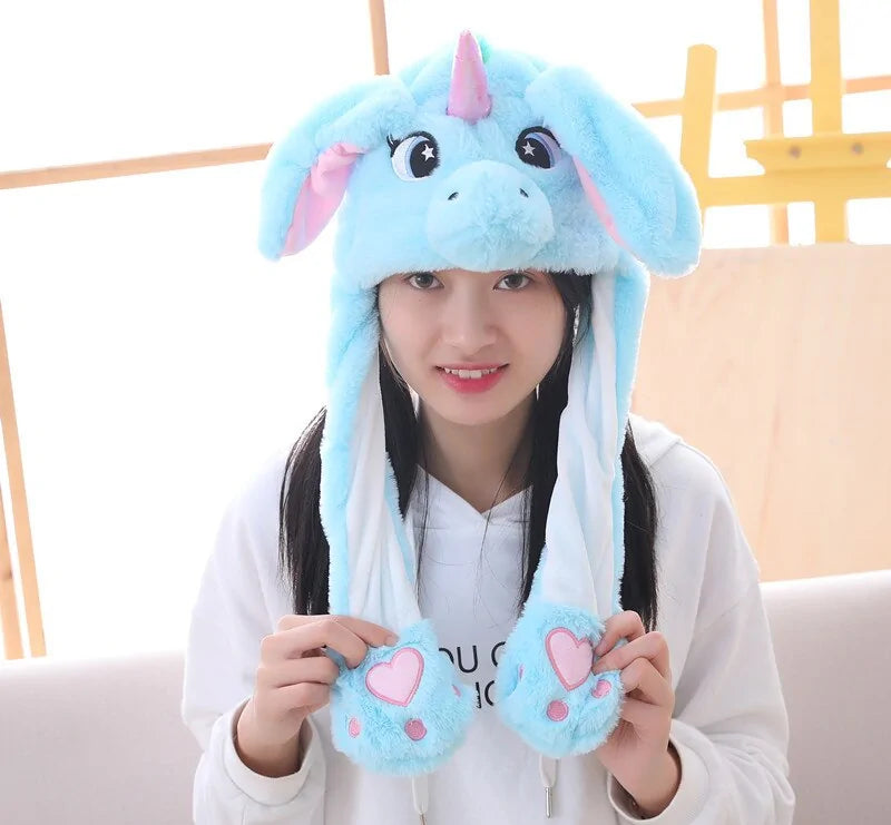 Plush Animal Cartoon Hat with Moving Rabbit Ears: Funny Gift for Kids