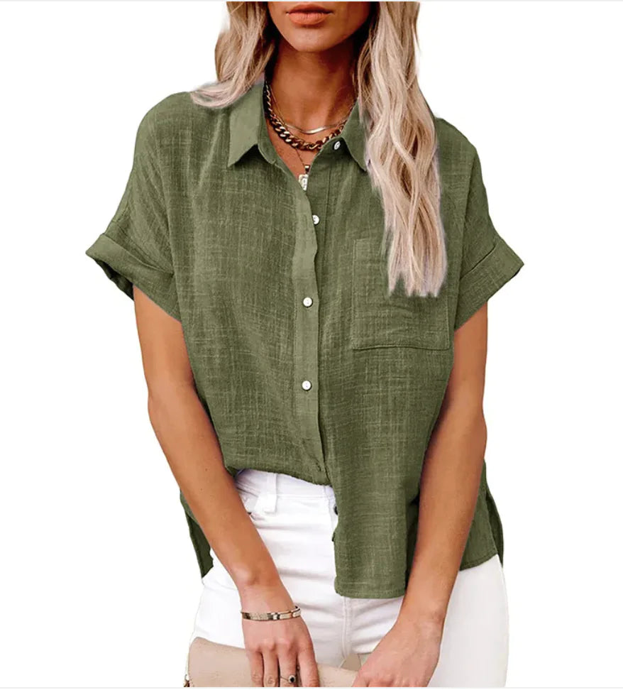 Women's Casual Cotton Linen Short-Sleeve Shirt with Pockets