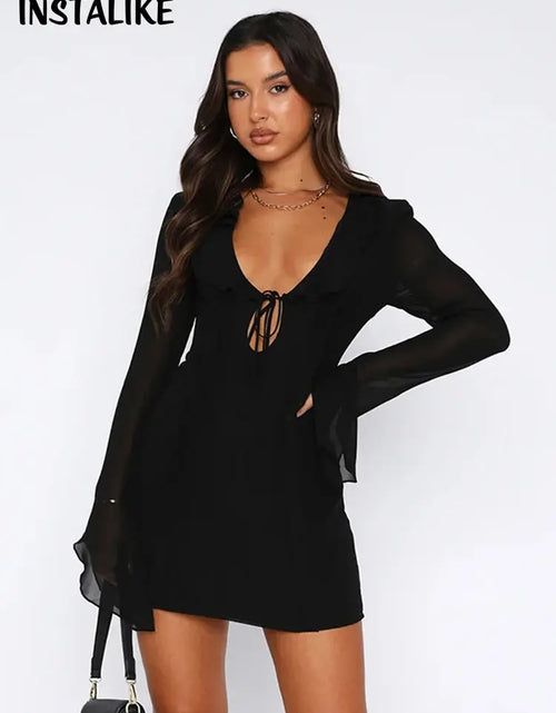 Load image into Gallery viewer, InstLike-Hollow Out Flare Sleeve Mini Dress
