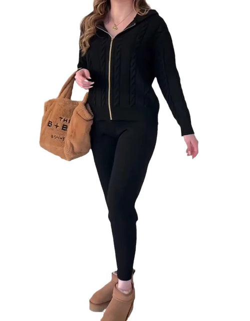 Load image into Gallery viewer, Solid Color Thick Rope Twist Zipper Hooded Casual Sweater Suit
