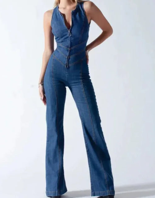 Load image into Gallery viewer, High-Waist Retro Slim Denim Jumpsuit
