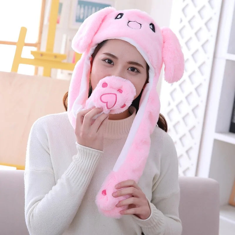 Plush Animal Cartoon Hat with Moving Rabbit Ears: Funny Gift for Kids