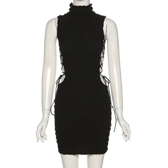 Fall Lace Up Side Hollow Out Seersucker Sleeveless