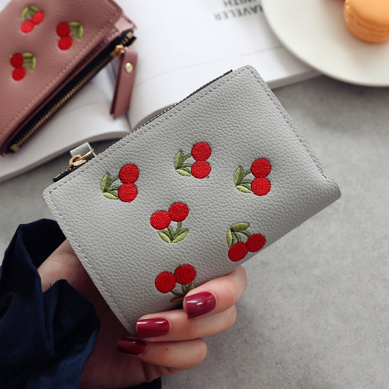 Cherry Embroidered Small Wallet