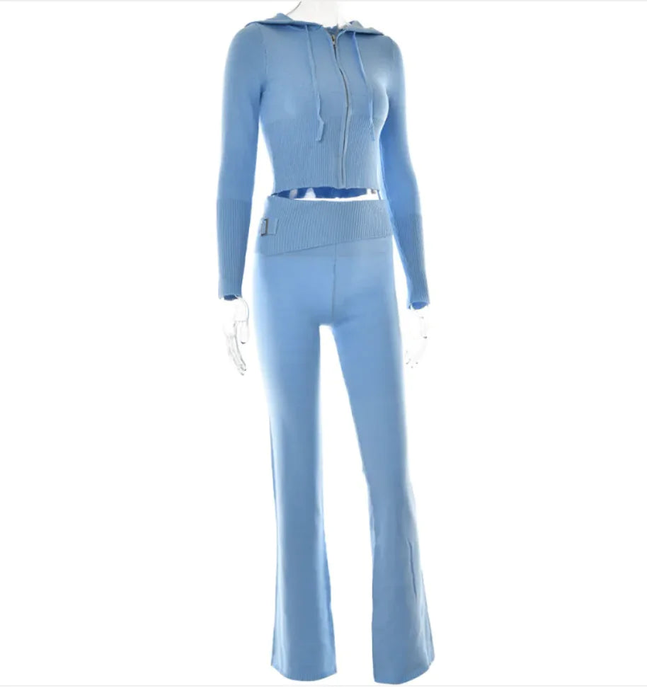 Cross-Border Knitted Hooded Suit - Fashionable High-Waist Two-Piece Set with Long Sleeves and Trousers