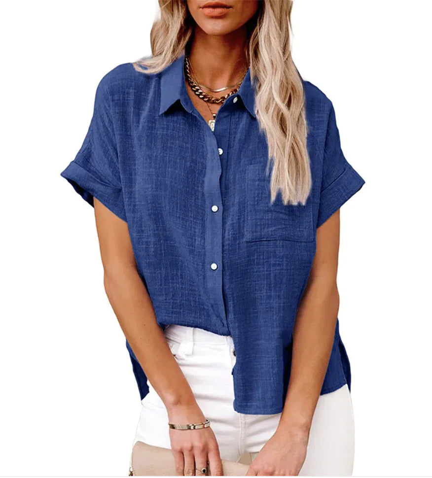 Women's Casual Cotton Linen Short-Sleeve Shirt with Pockets