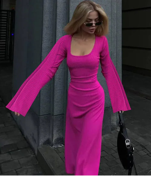 Load image into Gallery viewer, Fashion U-neck Dress Back Lace-up Long Bell Sleeve Dresses Women
