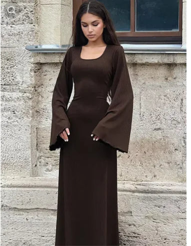 Load image into Gallery viewer, Fashion U-neck Dress Back Lace-up Long Bell Sleeve Dresses Women
