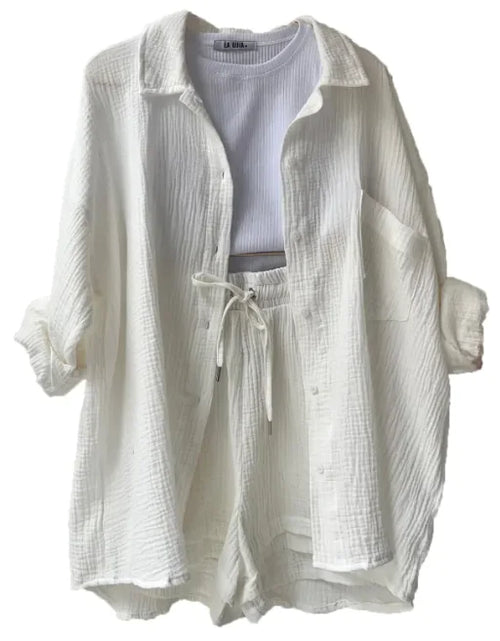 Load image into Gallery viewer, Women&#39;s Wrinkled Fabric Shirt &amp; Shorts Set
