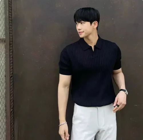 Load image into Gallery viewer, Men&#39;s Slim Fit Striped Polo – Korean Style Short Sleeve Knit
