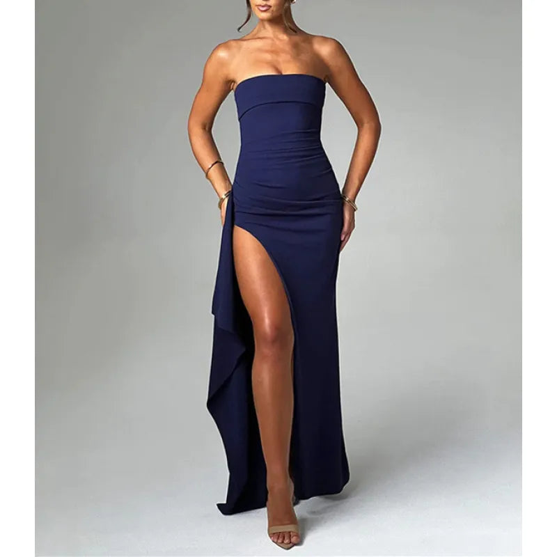 Women's Line Up Collar With Sexy Backless High Slit Dress