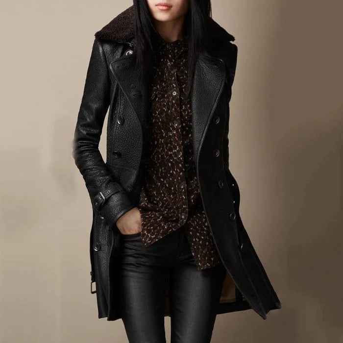 Slim-Fit Faux Leather Double-Breasted Coat