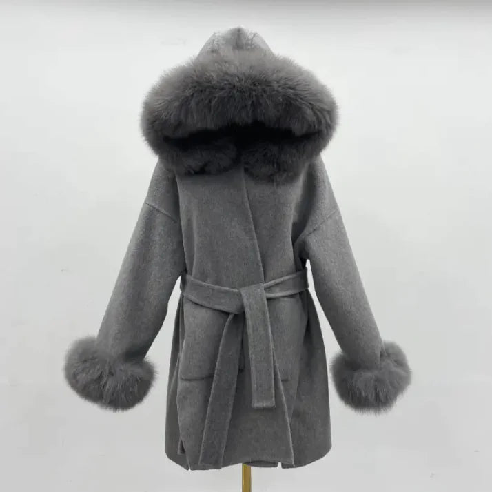 Fur Collar Hood Woolen Coat