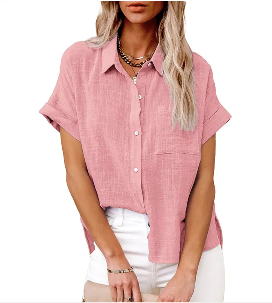 Women's Casual Cotton Linen Short-Sleeve Shirt with Pockets