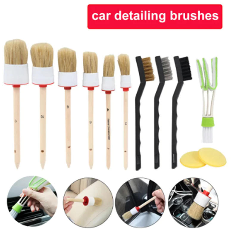 Car Washing Brush Pig Bristles Round Head Paint Car Cleaning Brush With Wooden Handle