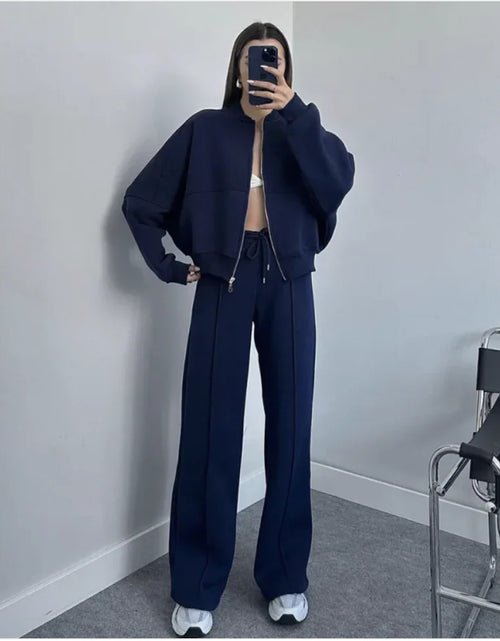 Load image into Gallery viewer, Solid Color Zip-Up Sweater and Casual Trousers Set
