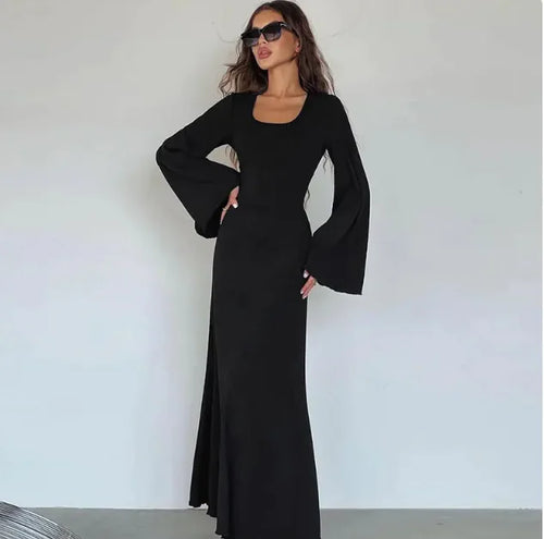 Load image into Gallery viewer, Fashion U-neck Dress Back Lace-up Long Bell Sleeve Dresses Women
