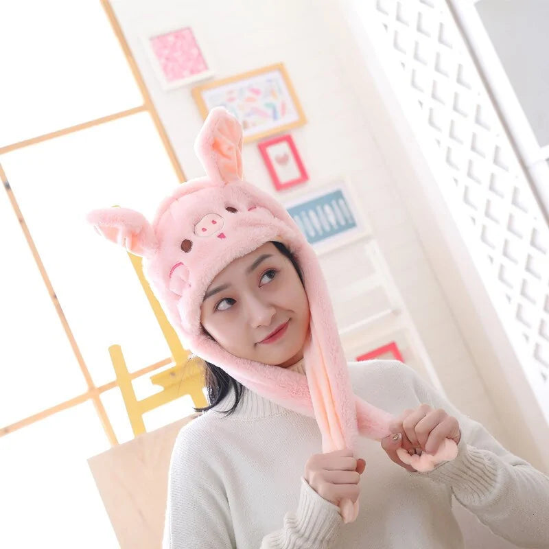 Plush Animal Cartoon Hat with Moving Rabbit Ears: Funny Gift for Kids