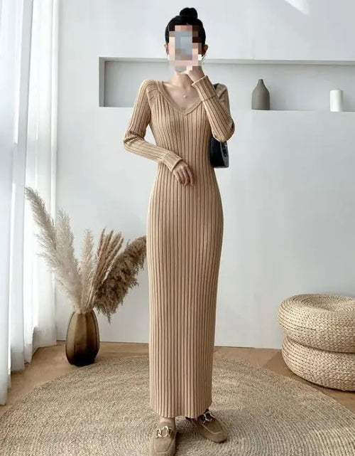 Load image into Gallery viewer, V-neck Knitted Dress Women&#39;s Slim Bottoming Shirt
