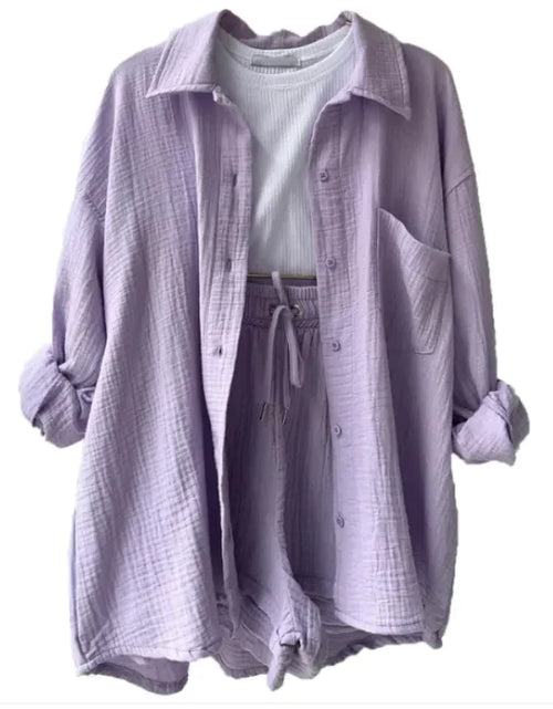 Load image into Gallery viewer, Women&#39;s Wrinkled Fabric Shirt &amp; Shorts Set
