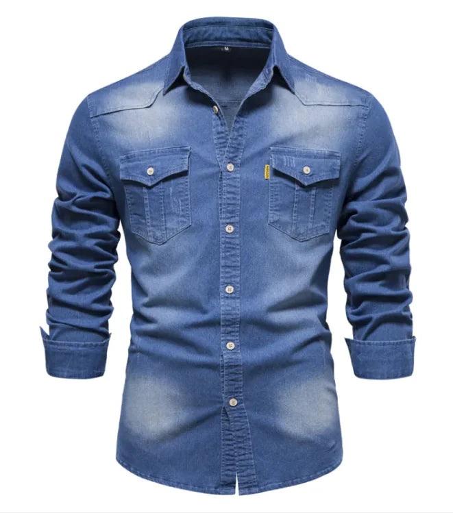 New Denim Men's Casual Solid Color Long Sleeve Shirt